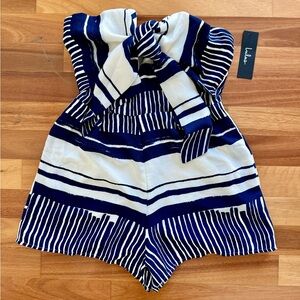 Lulus blue and white striped tie-front strapless romper size S